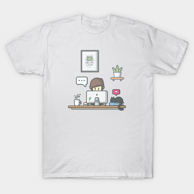 Man working on laptop with cat T-Shirt by Catalyst Labs